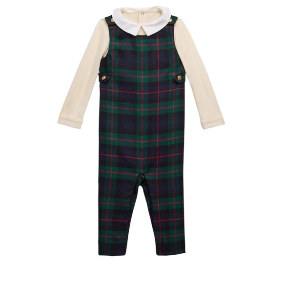 NWT Ralph Lauren Cotton Bodysuit / Plaid Wool Overall Pant Set.Holiday Christmas - Picture 1 of 7